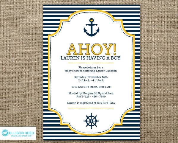 Nautical Baby Shower Invitation - Nautical Invitation - Anchor - Nautical Printable - Ahoy - Sail - Boy Baby Shower - Girl - Yellow - Navy Il_570xn