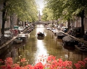 Large Wall Art-Amsterdam Photography-Boat Ride-Canal Houses-Red Flowers-Vintage Style Travel Photography-16x20