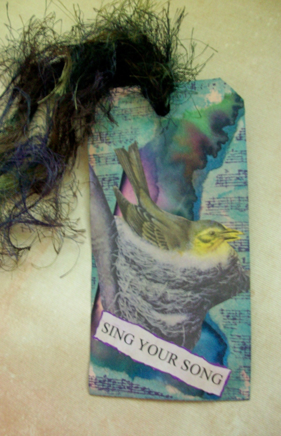OOAK Collage and Ink Tag / Bookmark "Sing Your Song"