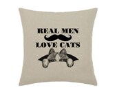 Real Men Love Cats Hipster Mustache Moustache Geek Cat Kitty - print on natural 100% linen canvas - 16x16 decorative pillow cover