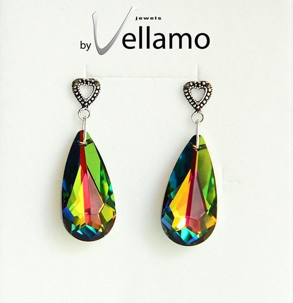 Stud earrings, filigree with marcasite and large teardrop Swarovski crystals, Vitrail, green, rainbow color