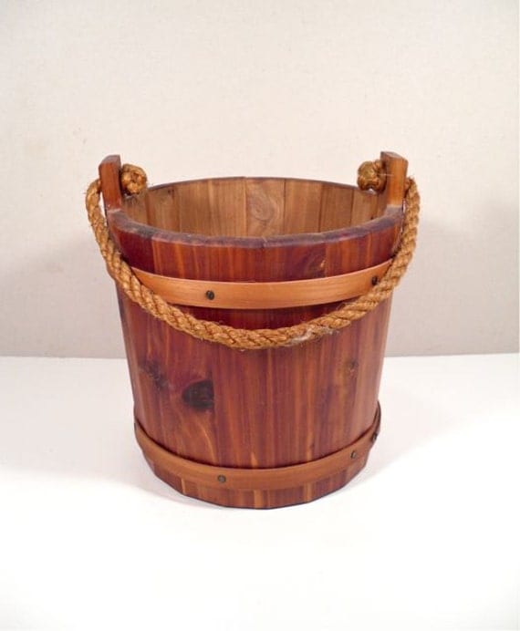 Primitive Wood Bucket - Firkin Well Bucket Rope Handle