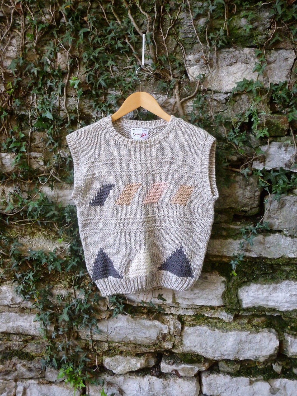 80s Tan Sweater Vest with Geometric Shapes Womens Mediums