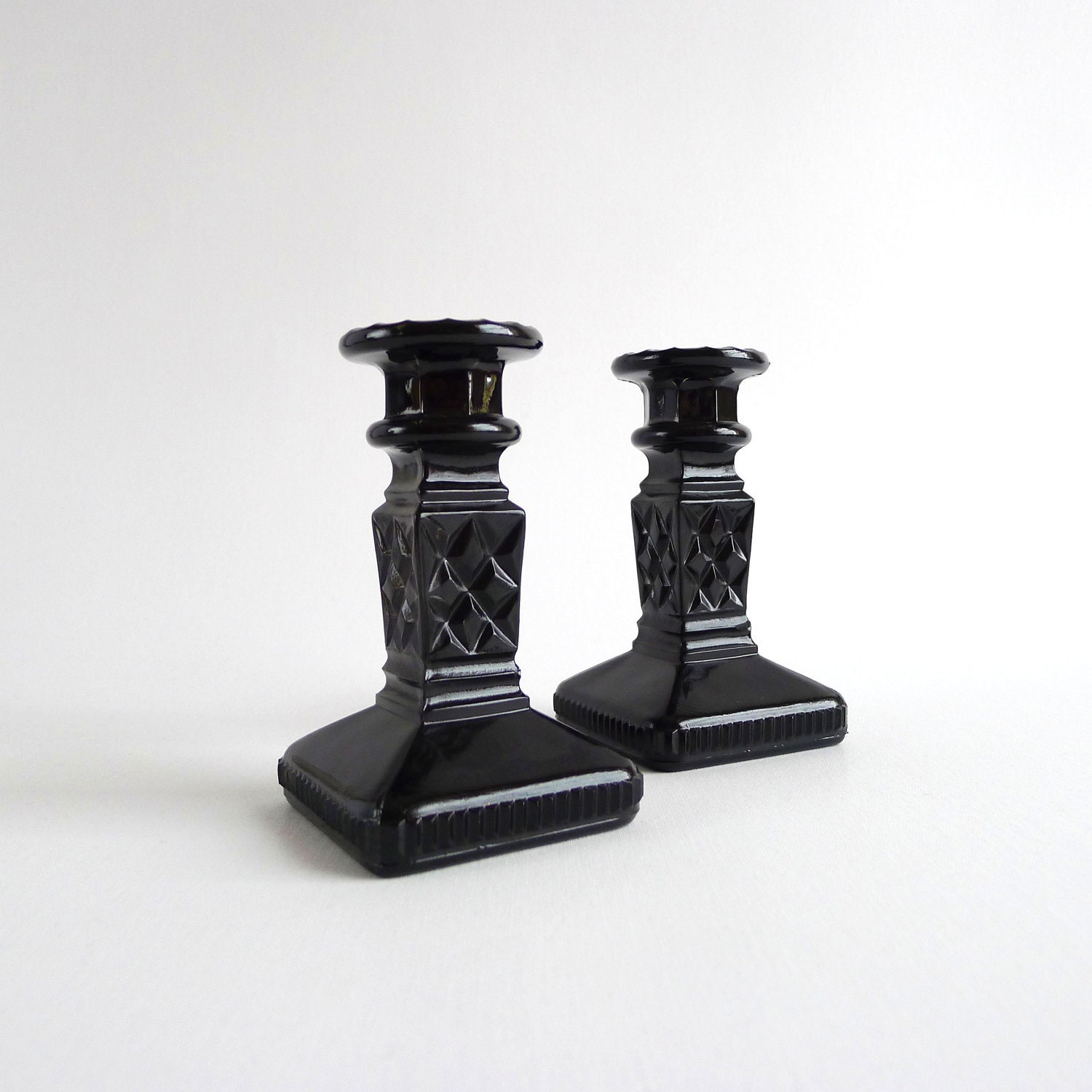 Obsidian Black Vintage Glass Candlestick Holders Up-Cycled Gothic