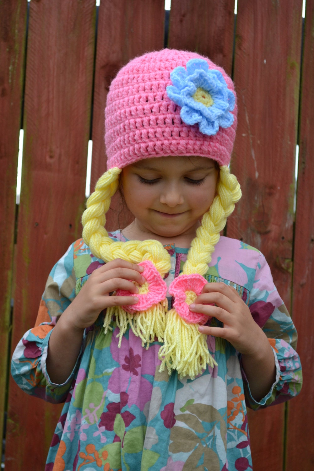 Mermaid Princess, Fairy, Girl's Hand Crochet Pink Hat with Blue Flower - Baby, Todler, Child, made by PrincesaAnastasia