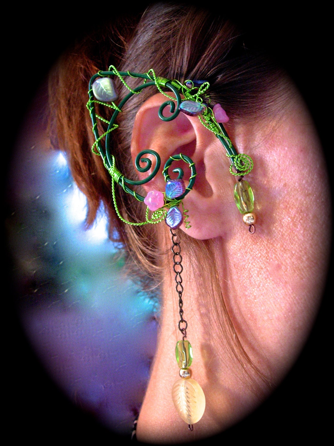 Pair of Garden Elf Ear Cuffs with Glass Flowers and Leaves, non pierced earring, Fairy, Renaissance, Elven