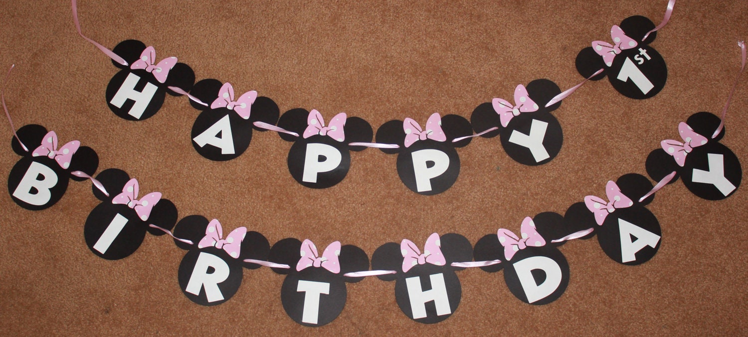 SALE - Simple Minnie Mouse Birthday Banner - Red or Pink Bow - Zebra - White Letters - Mickey Mouse Font - Mickey Mouse Banner