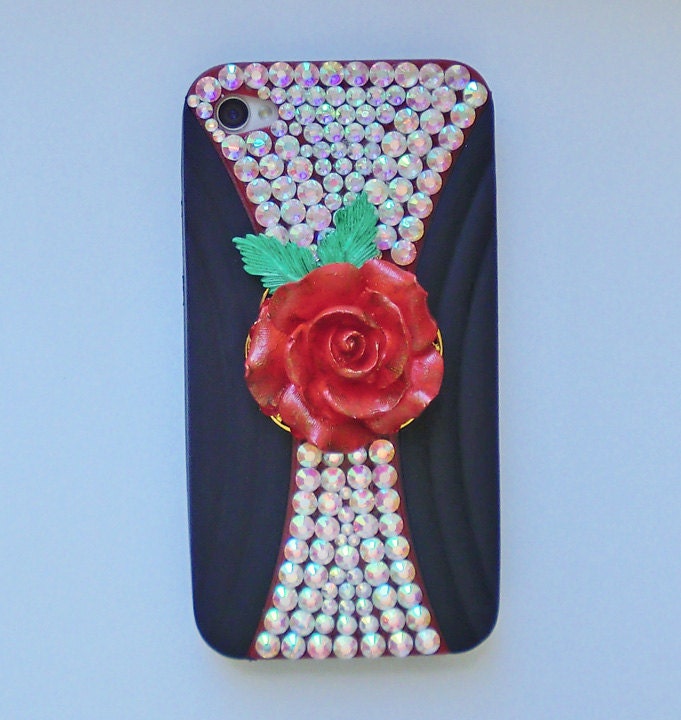 Red rose green leaves sparkling AB rhinestone crystal iPhone 4 4S rubber and hard plastic case