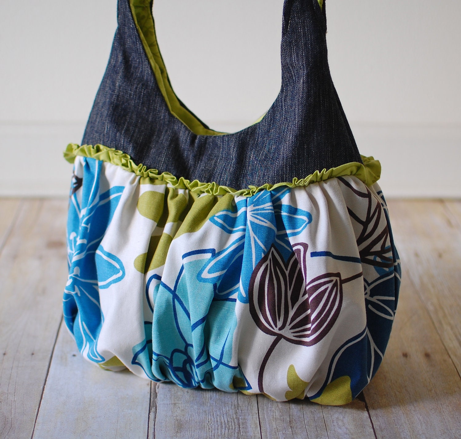 The 'Emily' Tote Bag or Shoulder Bag- Denim and Green