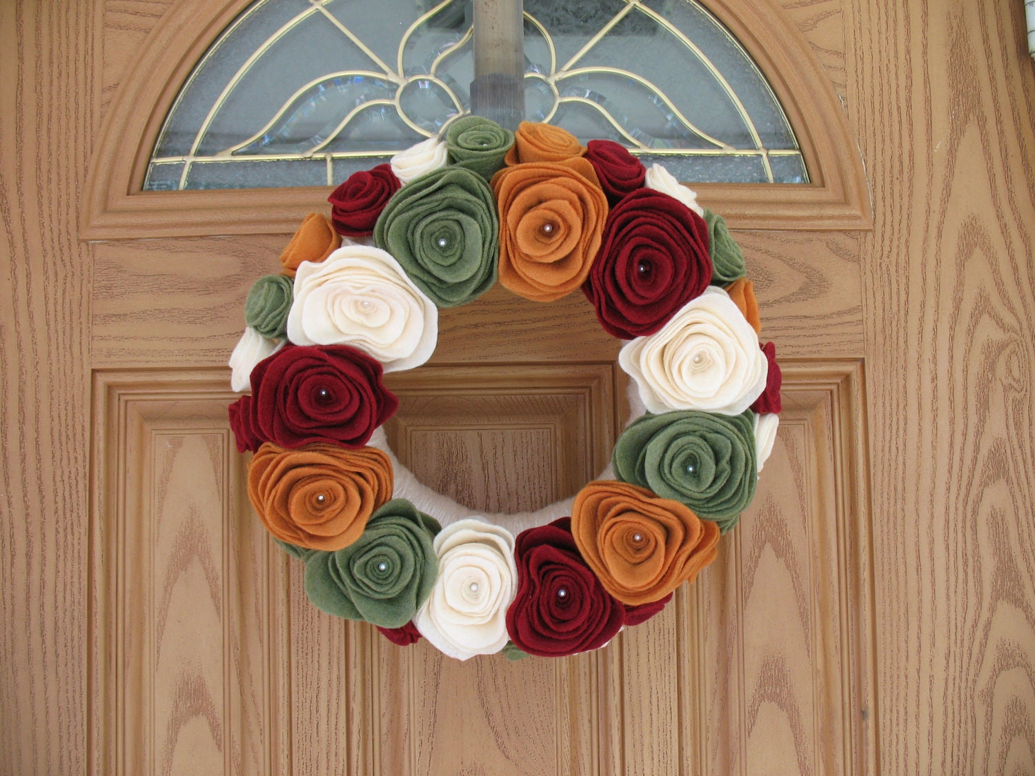 Rose Harvest- Fall Wreath--Autumn Wreath-Fall Decor-Thanksgiving Wreath-- Cream, Green, Gold, and Burgundy Felt Flower Pearl Yarn Wreath