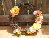 My Sunny Garden- -Door Decor-Door Decoration- 14 inch Grapevine and Felt Flower Wreath