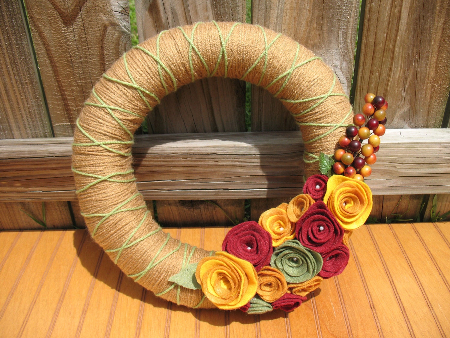 Thanksgiving Wreath--Fall Decor-Thanksgiving Decoration-Fall Decoration- 14 inch Yarn and Felt Pearl Rose Wreath