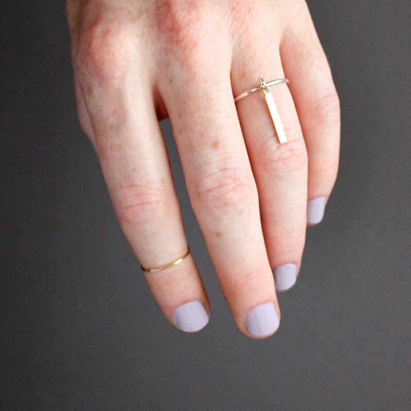 Sterling Silver & Brass Dangle Ring / thin sterling ring / dainty brass bar charm / modern minimalist jewelry - Made to Order in Your Size