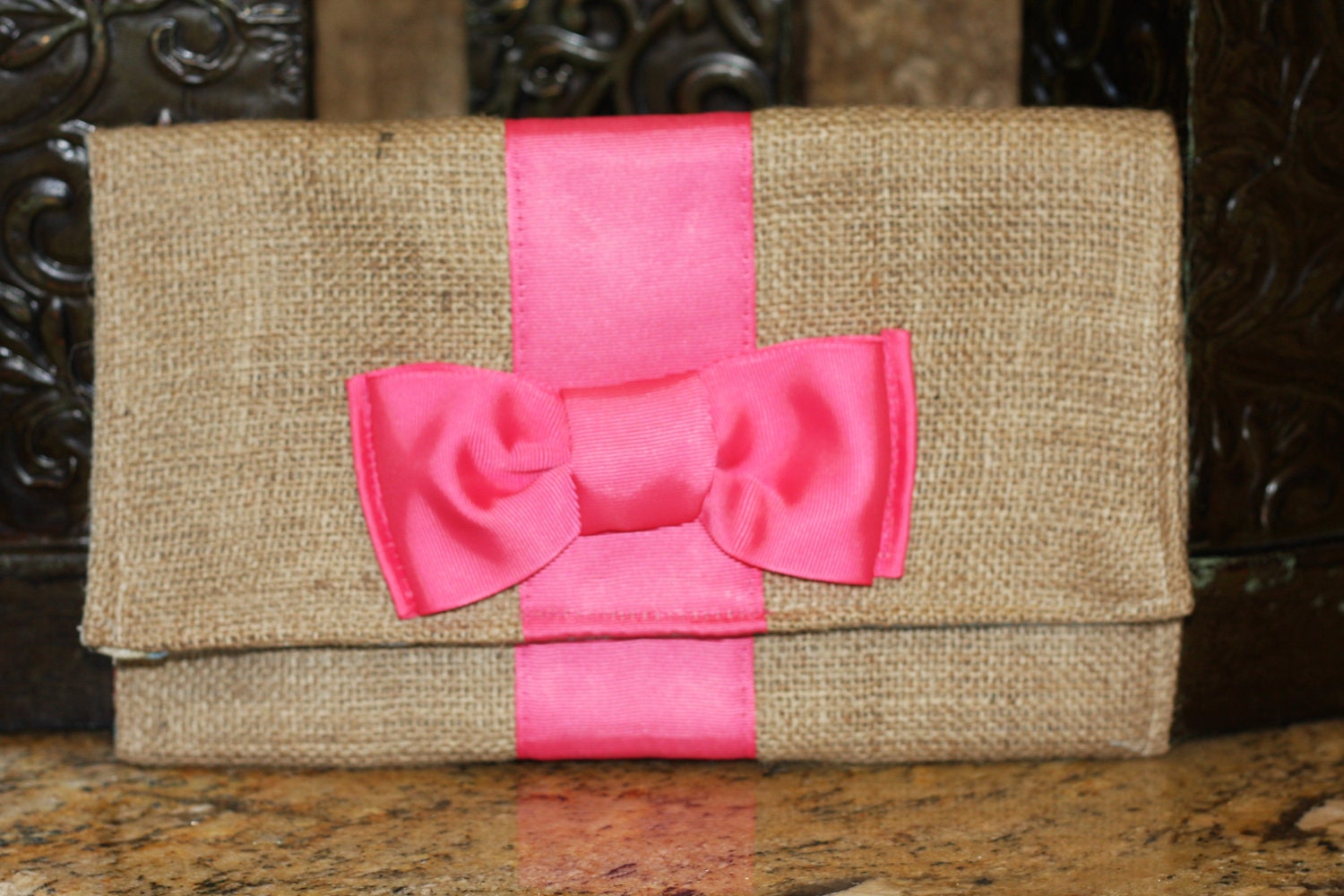 Kate Spade inspired burlap clutch- HOT PINK Grosgrain Ribbon