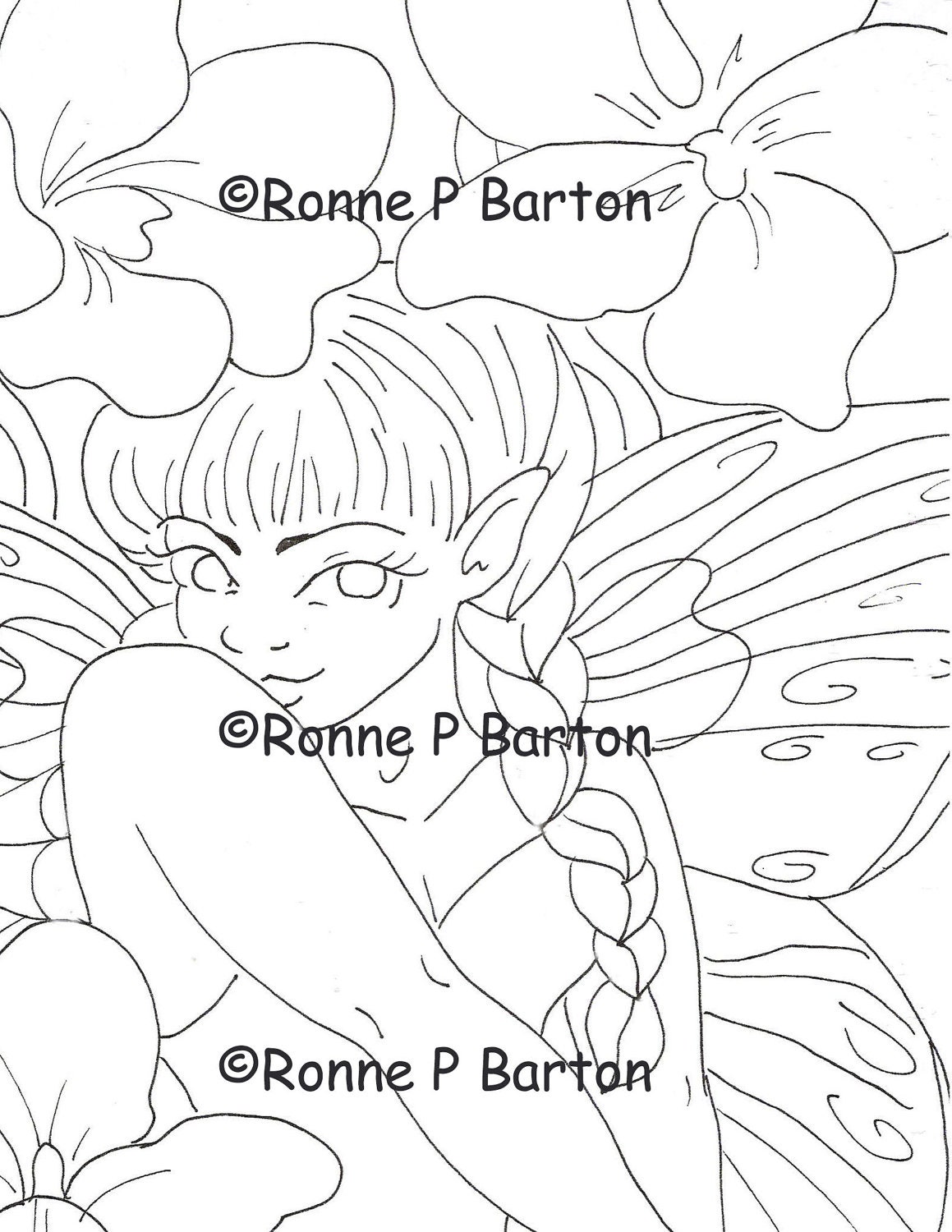 IMG009 Instant Download digital digi stamp downloadable Violet Fairy art printable coloring sheet page big eyes fantasy Ronne P Barton