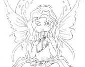 iMG005 INSTANT DOWNLOAD digi digital stamp Moon Song fairy big eye fantasy fine art lowbrow musical flute printable coloring page