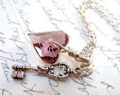 Pink Crystal Heart Necklace / Sterling Silver Key Charm / Valentine / SimplyJoli / Wire Wrapped Pendant / Love / Anniversary