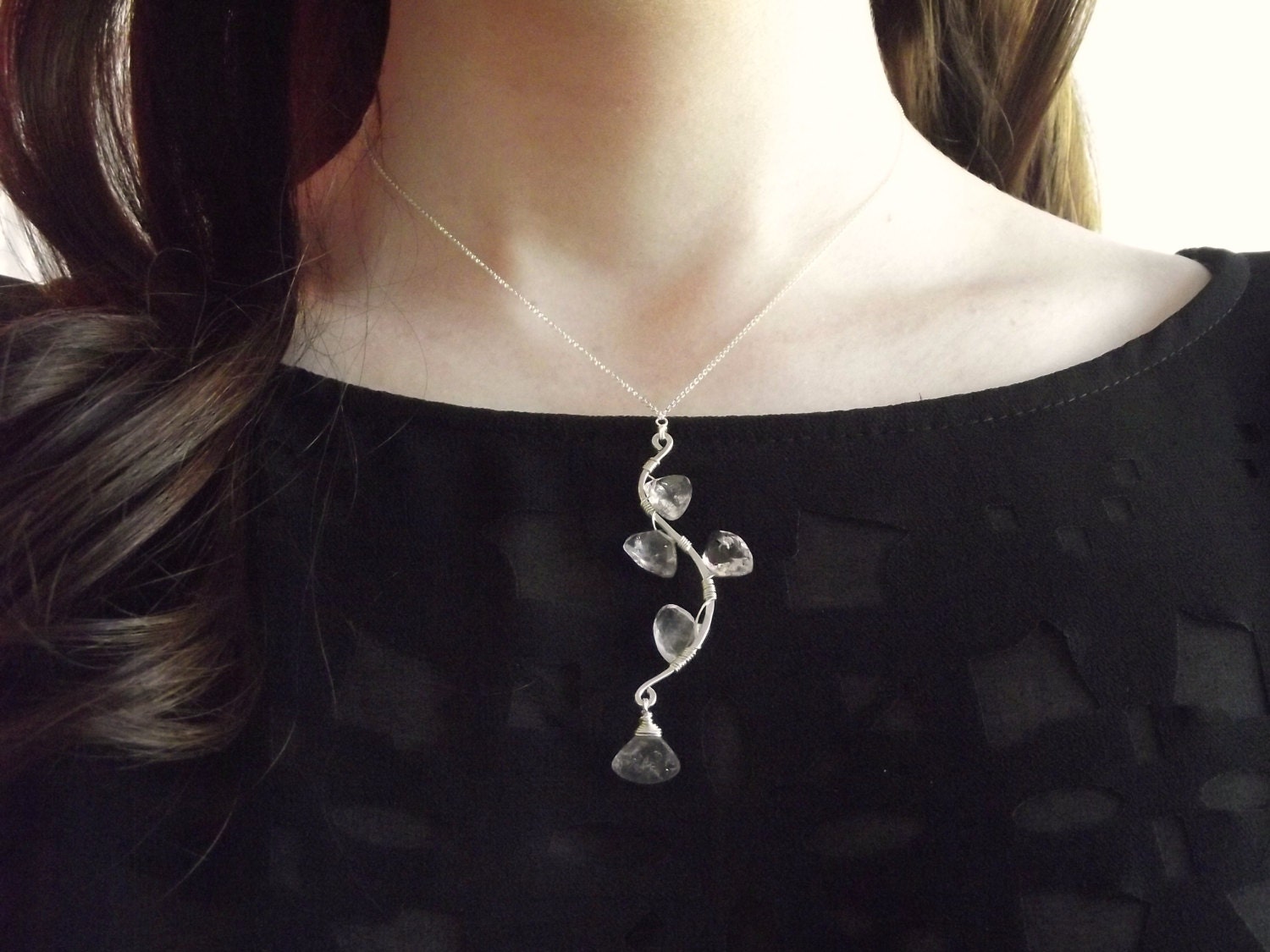 Moss Amethyst & Sterling Silver Leaves on a Branch Necklace