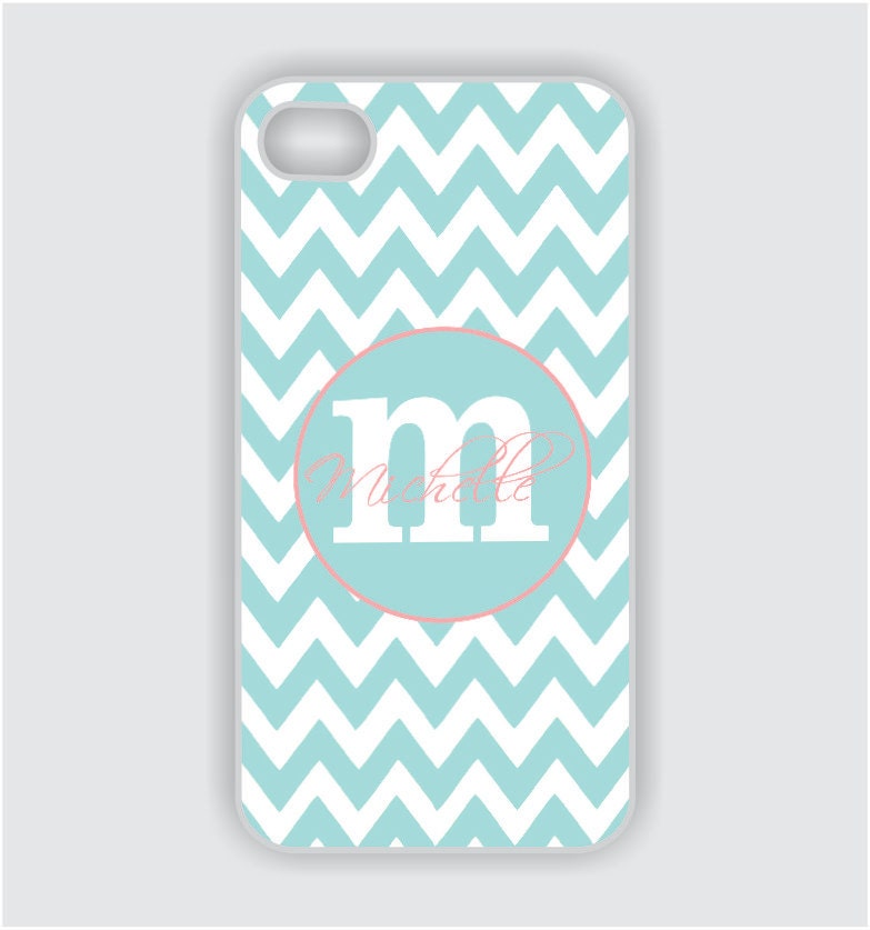 iPhone 4 Case - Tiffany Blue and Pink Chevron / Monogram- iPhone Case, Monogram iPhone Case, iPhone 4 Case, iPhone 4 Cover