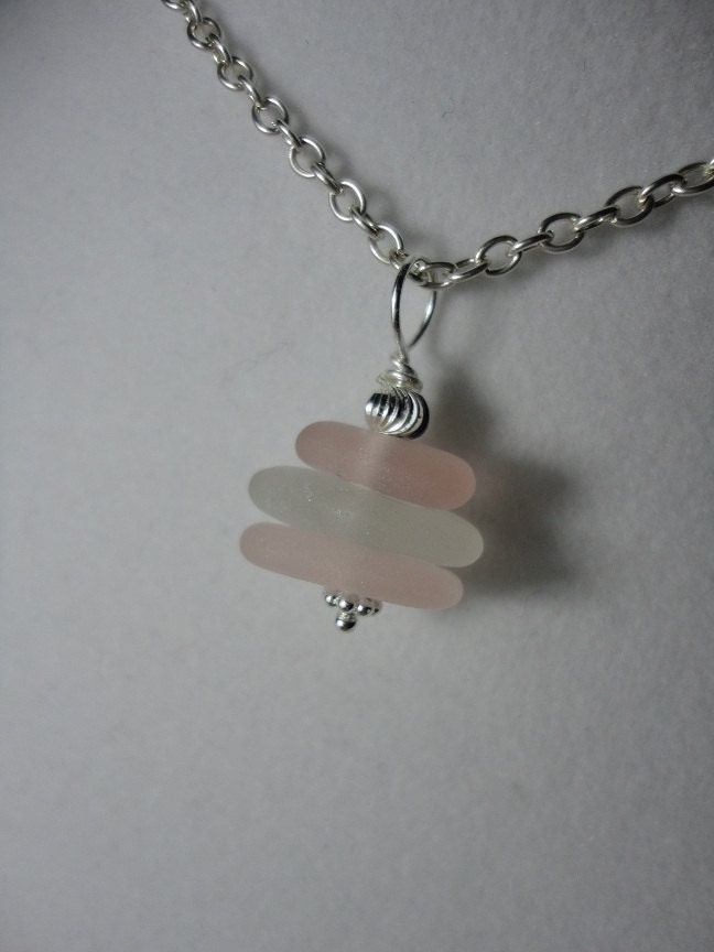 Stacked pink and white sea glass necklace