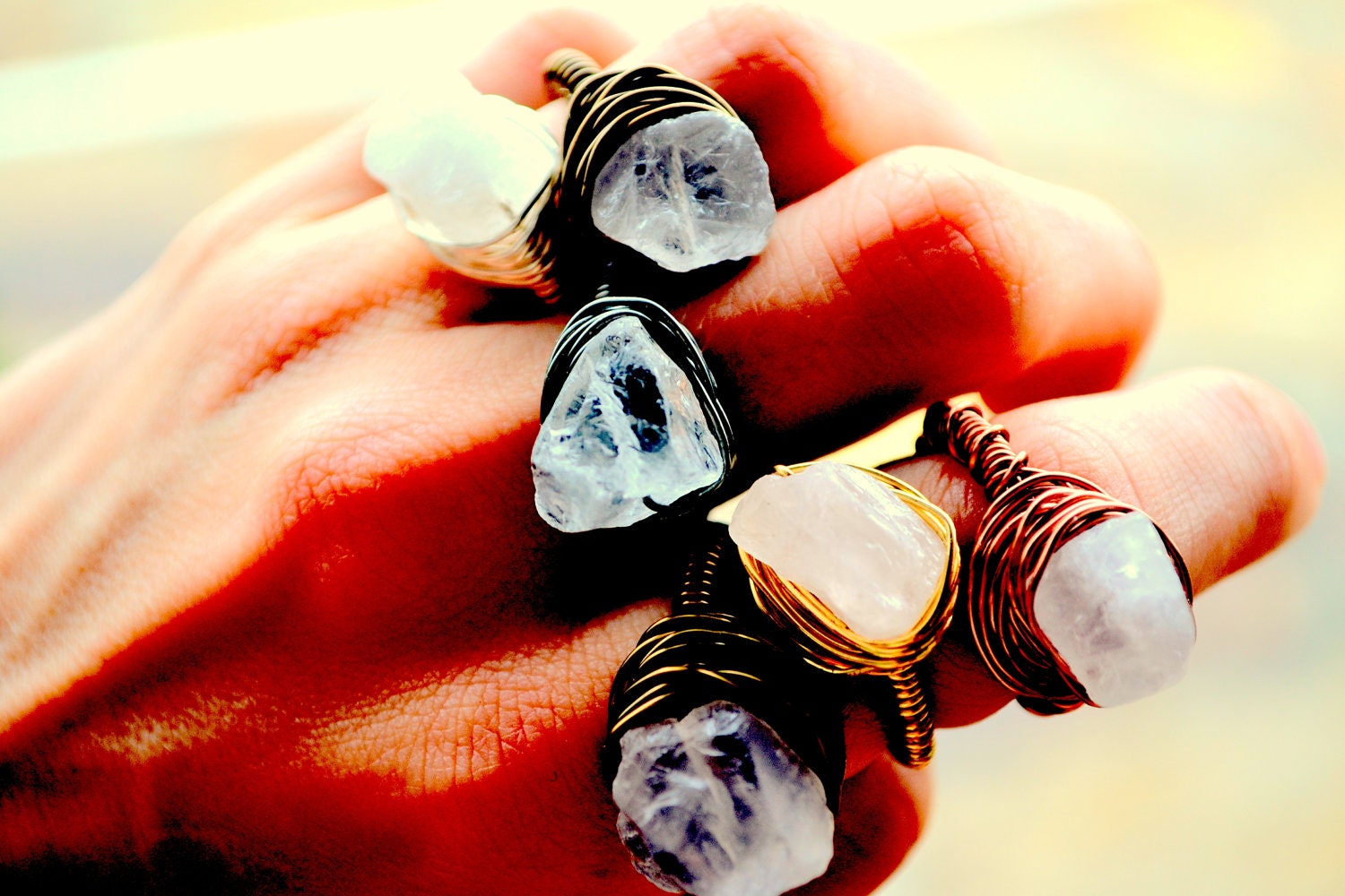 OOAK Rough Clear Icy Quartz nugget ring -Any color wire wrapped ring -- Any size