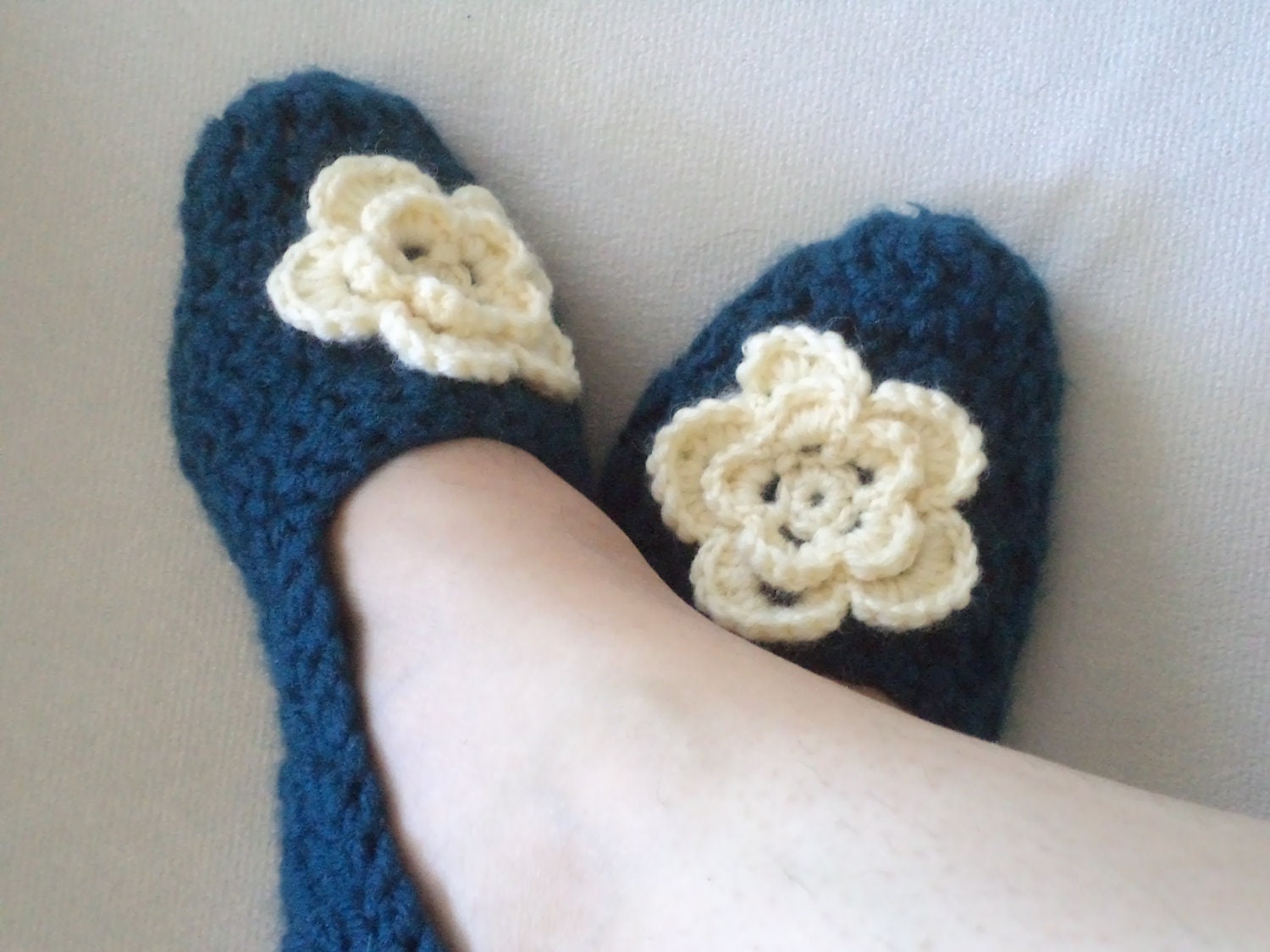 Adult Wool Crochet Slippers, Thick, Simply slippers, Women slippers,  house shoes. Oil Blue