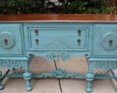 SOLD -French Buffet Sideboard Ornate Turquoise Hand Painted and Distressed Cottage Coastal Shabby Chic