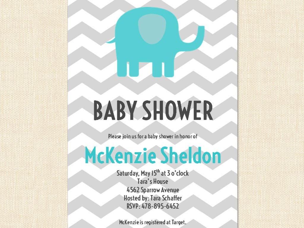 Elephant Baby Shower Invitation Grey Chevron Blue Printable Baby Boy Aqua
