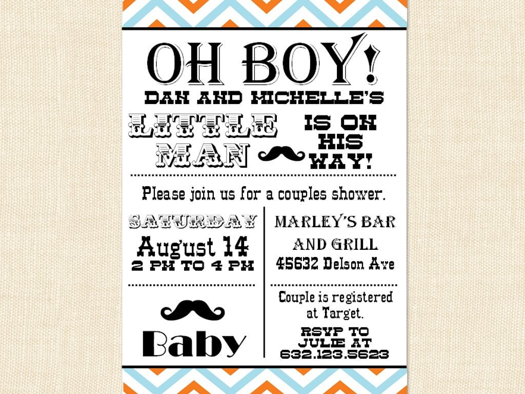 Little Man Shower Invitation Baby Boy Mustache Printable Orange Blue pdf