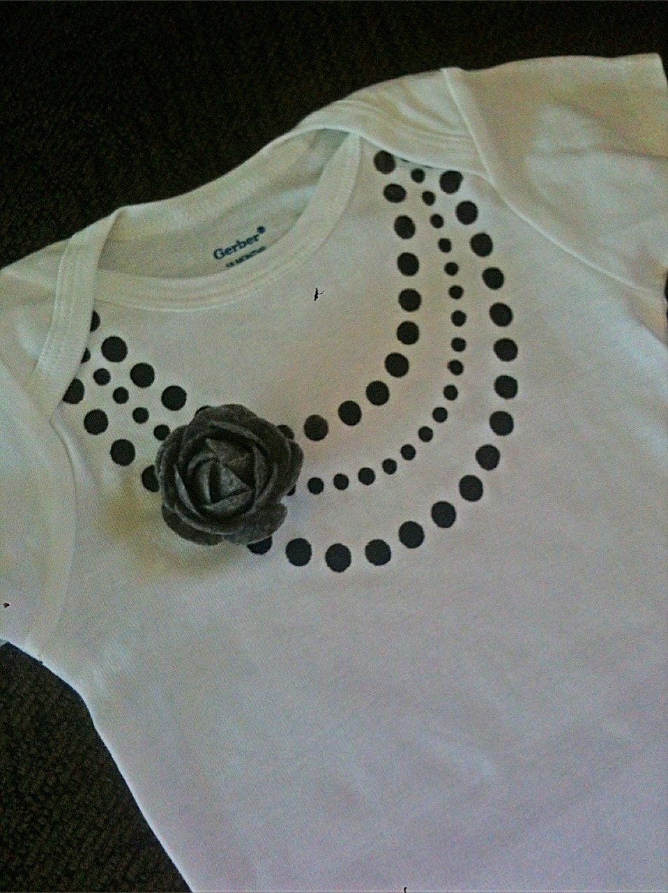 Cute baby girl gift fashion faux pearl Necklace onesie, black necklace with grey flower, Different size onesies available Great for Photos