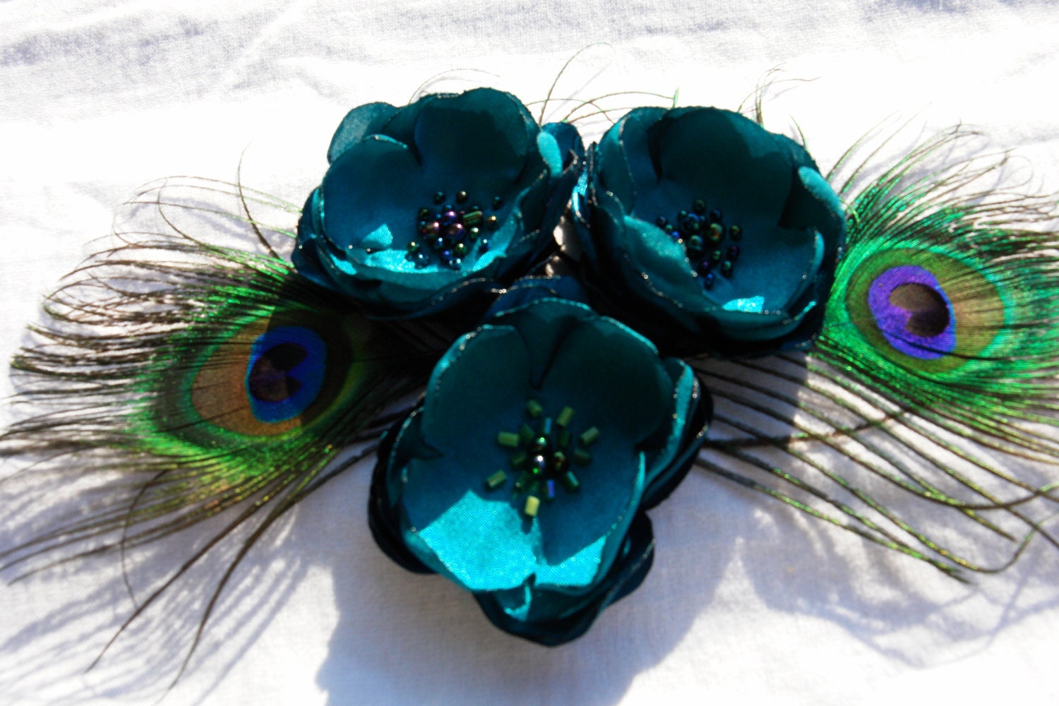 Peacock Feather Flower Fascinator, Teal Turquoise Satin Fabric Flower Hair Clip, Peacock Feather Hair Fascinator