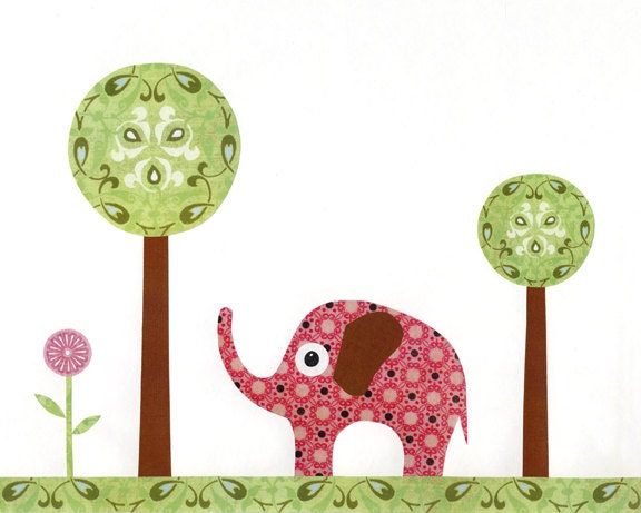 SALE - Wall art / print / poster of original collage for nursery or children room decor - illustration of an elephant and trees