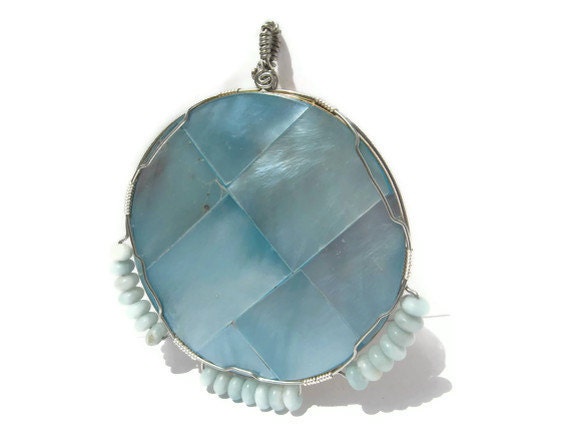 Huge Abalone and Amazonite Statement Pendant, Wire Wrapped 21