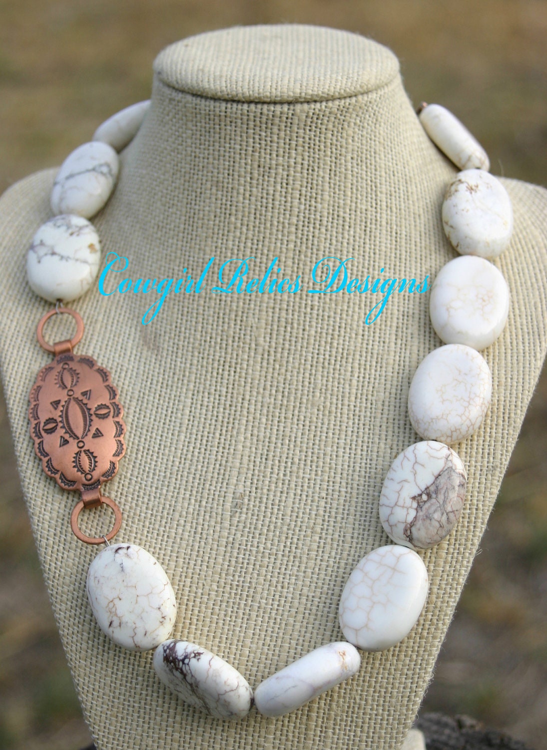 SALE-White Magnesite and Copper Concho Pendant Western/Southwestern/Cowgirl Necklace
