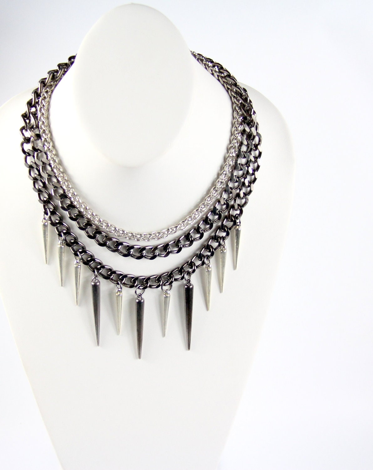 Spikes Necklace with Multistrand Chain in Gunmetal and Silver: The Omnia