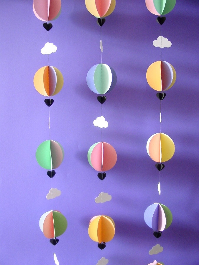 Garland-Hot Air Balloons & Clouds-3D-Pastel Colours-Mobile-Nursery Decor-Kids-Baby Shower-Decoration-Birthday-Children-Crib Mobile-Paper