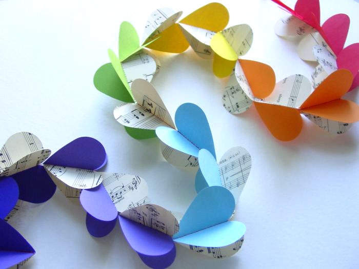 3D Heart Garland-Music Sheets & Rainbow Colours,Mobile,Baby Mobile,Nursery Decor,Crib Mobile,Baby Shower Gift,Paper,Upcycled,Chakra