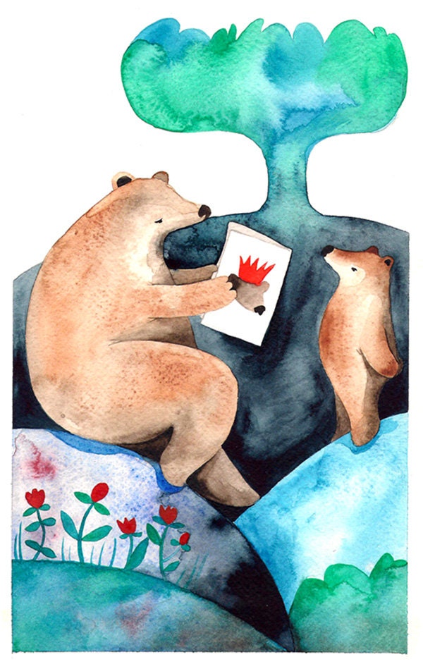 Bear School Nursery Art Children Watercolor Illustration Print Brown Turquoise Flower Leaf Tree