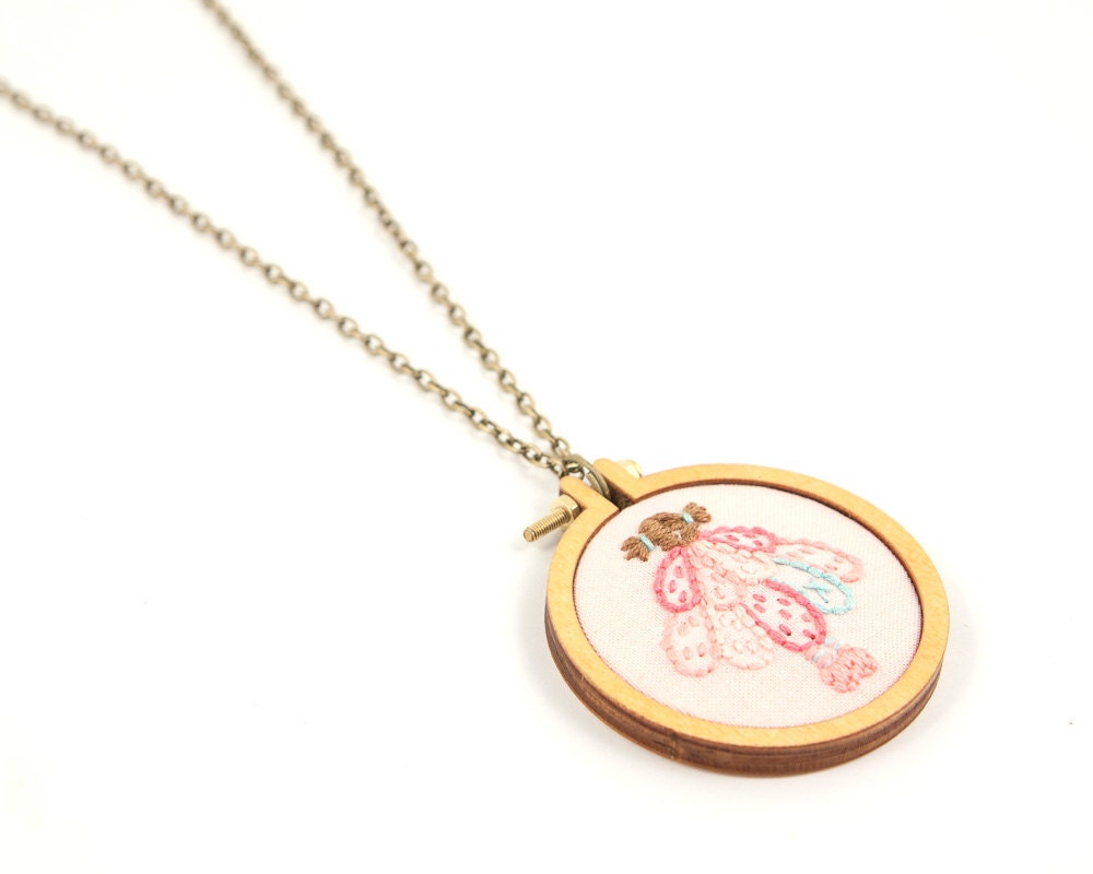 Embroidered little girl with angel wings necklace - framed by a unique miniature embroidery hoop - made with love by dandelyne