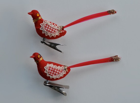 Pair of Vintage Red Bird Clip Ornaments Christmas Decoration Retro