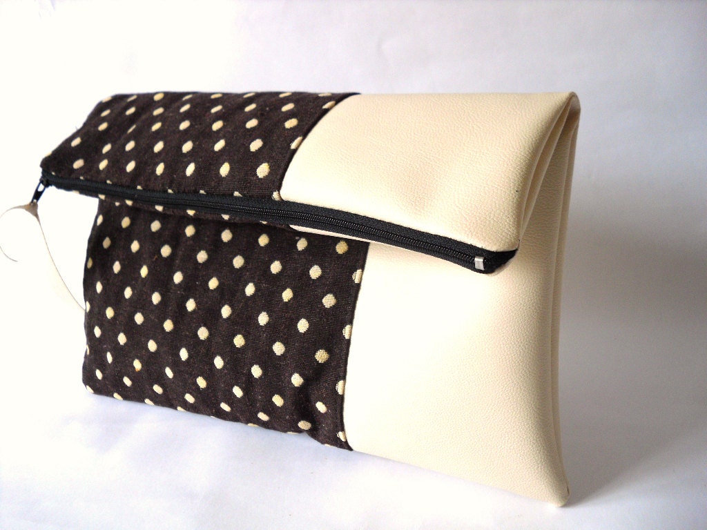 Clutch purse, Foldover Fabric and Vegan Leather, Chocolate brown and Cream, Polka dots