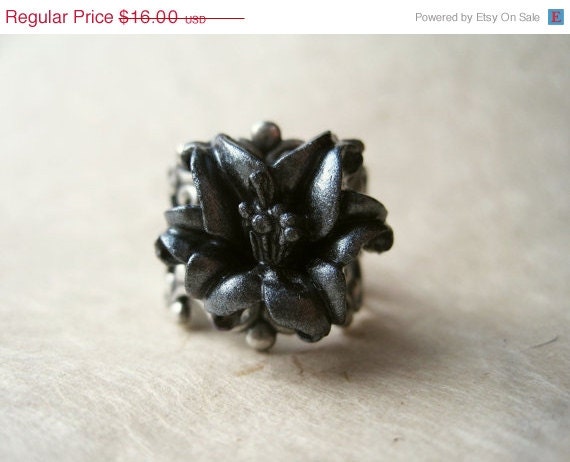 Black Flower Ring. Handmade Polymer Clay Ring Black Lily Ring atop Silver Filigree Ring Adjustable Ring. Black Ring. Gunmetal Jewellery.