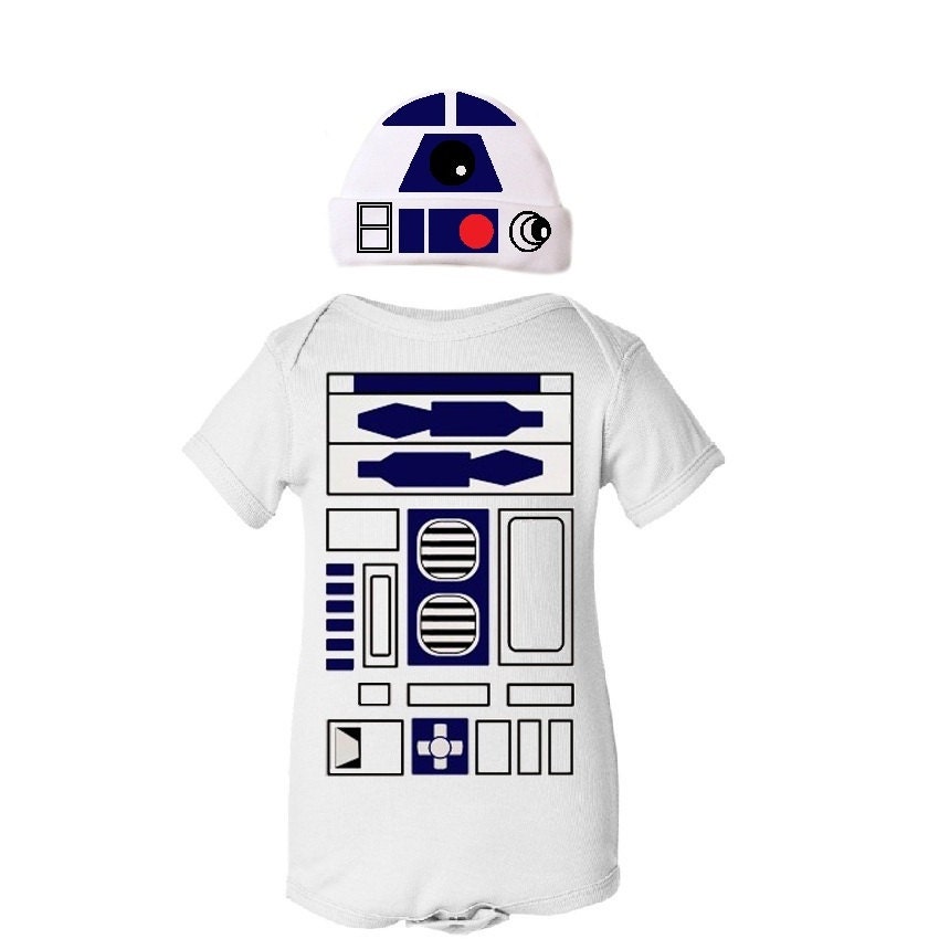 Droid Robot Halloween Infant Toddler Onezie Bodysuit Creeper and Hat Cute Funny Baby Boy / Girl / Unisex - White , Black, Royal Blue and Red