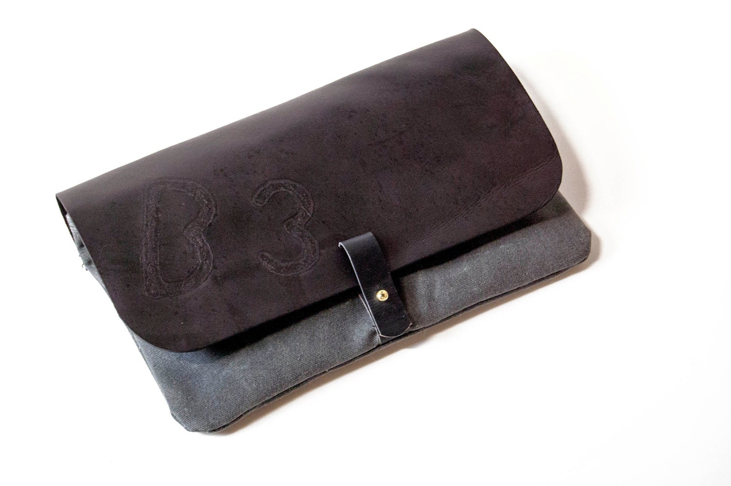 Clutch purse - Waxed Canvas, Leather,Grey, Black, Veg-tan