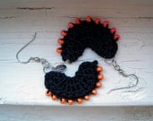 Crochet Beaded Dangle Earrings - Black with Orange Beads