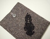 iPad Case, iPad Cover, iPad Sleeve Beautiful, Cute, Handmade from Padded Upholstery Wool Fabric with a Woven Pattern and Black Vintage Lace.