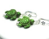 Turtle Earrings Hand crafted, Carved Turtle Earrings, Dyed Turquoise Gemstones, Turtle Leverback Dangle Earrings, 8 Turtle colors