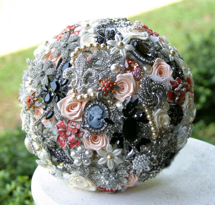 Brooch Bouquet. Deposit on a custom made to order Heirloom Broach Bouquet. Black, peach and coral Wedding Bouquet.