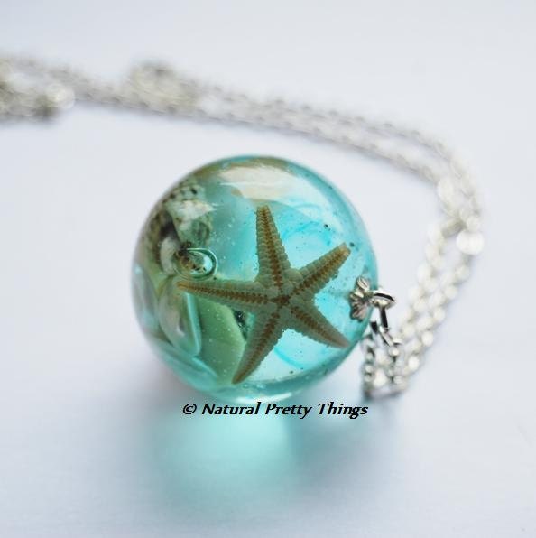 Sold out Back in stock soon - The Mermaid's Necklace Nautical Jewelry Resin Starfish Seashells Aqua Specimen Fairy Fantasy Unique Handmade
