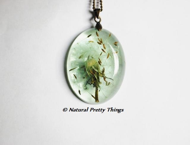 Dandelion Necklace Dandelion Seeds Green Make a Wish Mint Aqua Fluffy Seeds Real Flower Oval Summer Resin Pendant